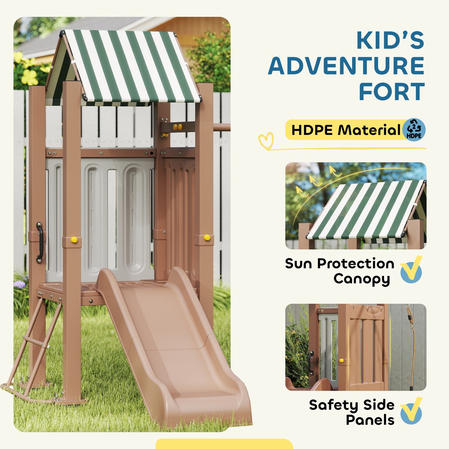 4-in-1 Kids Swing Set for Playground with Slide, Covered Fort, Climbing Ladder, Ground Stakes, for Kids Ages 3-8, Brown Kids Crystal