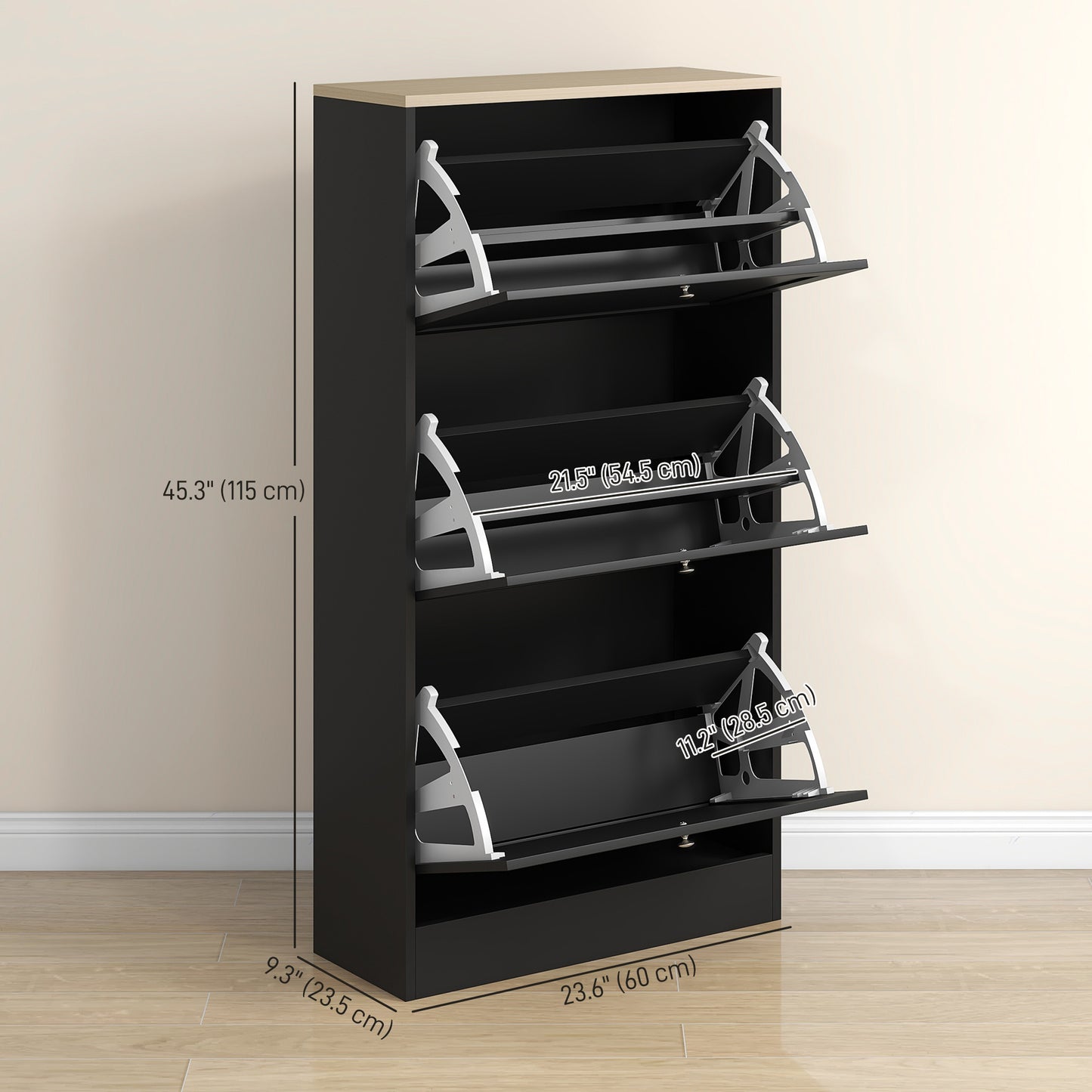 Modern Shoe Storage Cabinet with 3 Flip Drawers Adjustable Shelves for 18 Pairs Black Kids Crystal