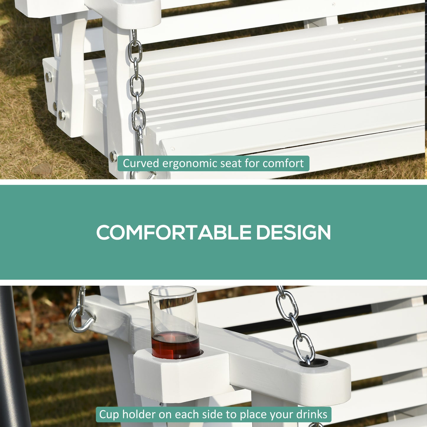46" 2-Person Outdoor Porch Swing Bench with 2 Built-In Cup Holders &amp;amp; Chains Included, 550lb Weight Capacity, White Kids Crystal