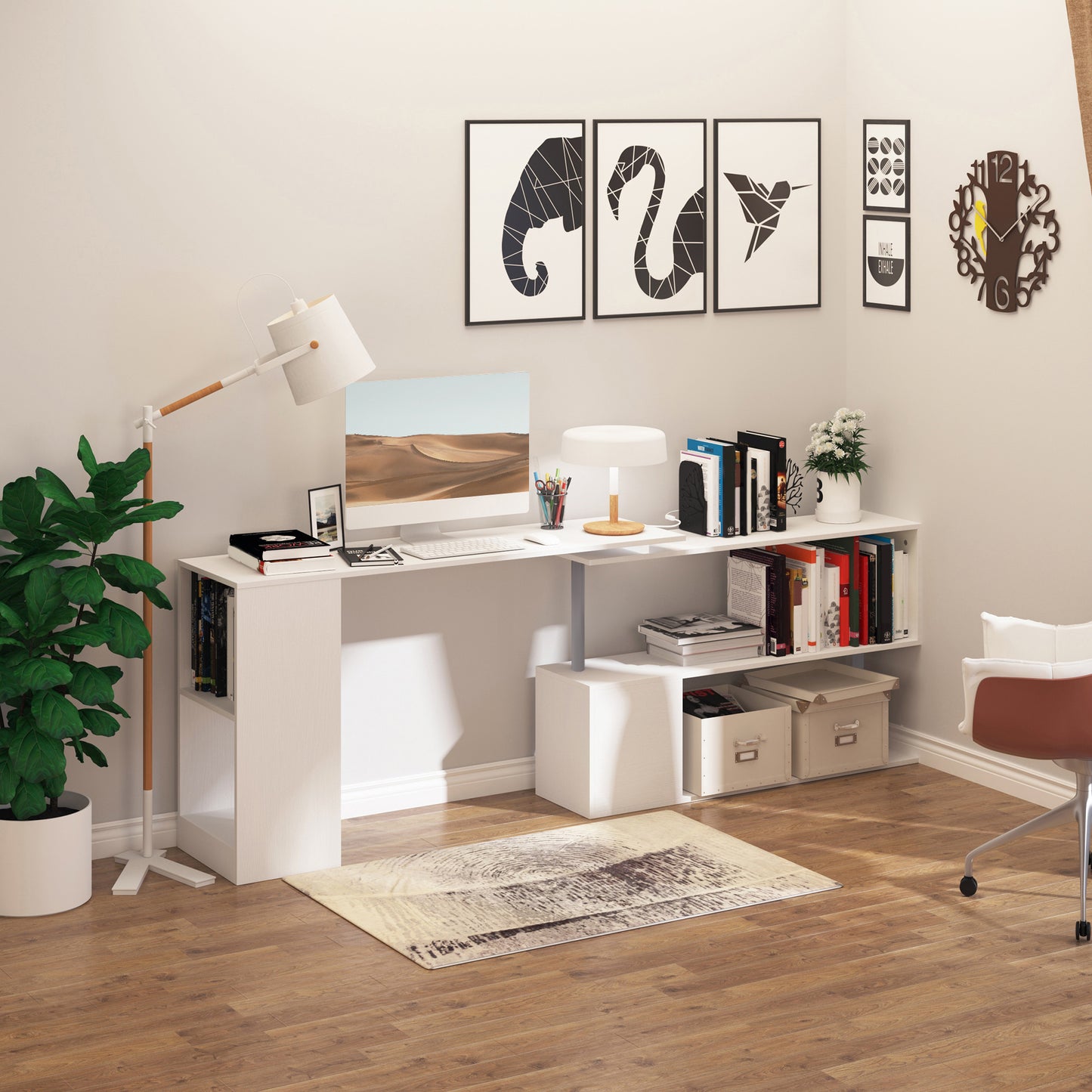 L-Shaped Desk 55", 360° Rotating Corner Workstation, 3-Tier Shelves, Bookshelf, White Kids Crystal