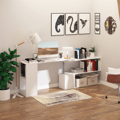 L-Shaped Desk 55", 360° Rotating Corner Workstation, 3-Tier Shelves, Bookshelf, White