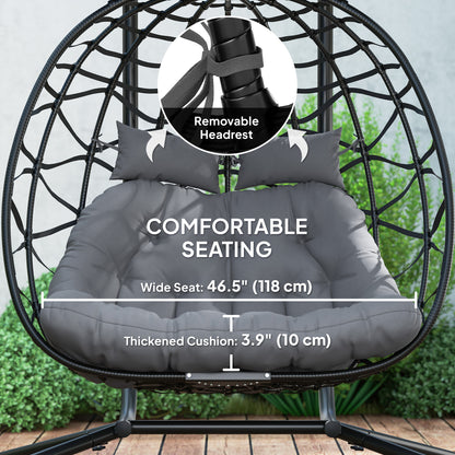Double Wicker Egg Swing Chair with Canopy, Foldable Hanging Egg Chair with Stand Cushion Headrest, Black