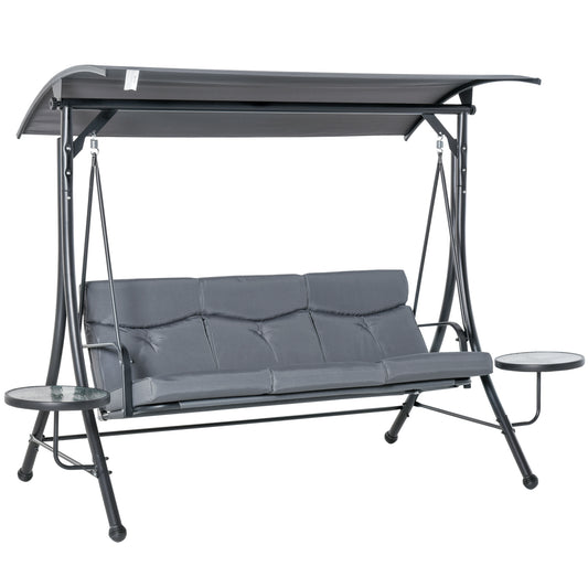 3 Seat Outdoor Swing Chair Steel Swing Bench Porch Swing With Adjustable Canopy & Coffee Tables &amp;amp; Cushion for Patio Garden Kids Crystal