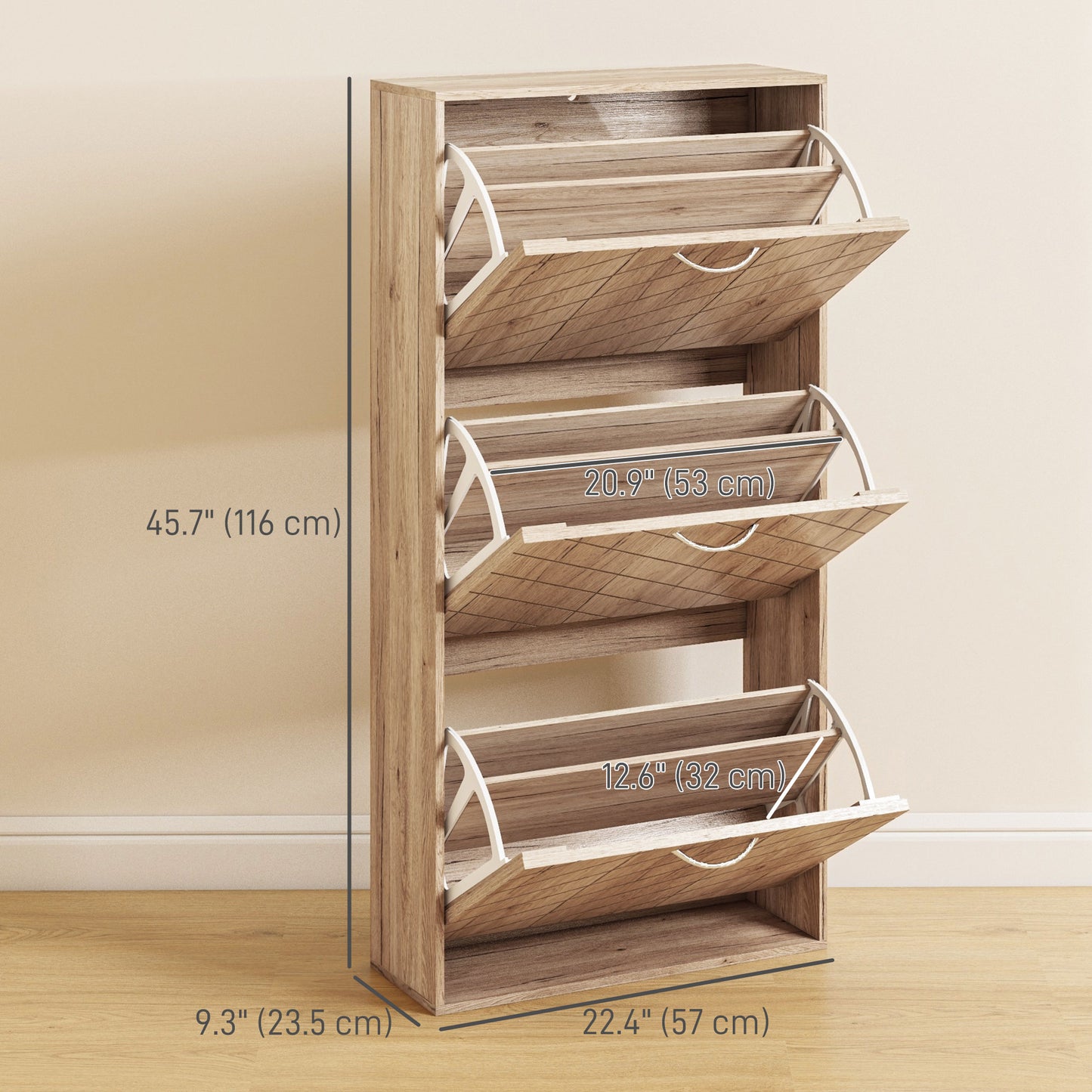 Narrow Slim Shoe Storage Cabinet with 3 Flip Drawers 12 Pair Shoes Organizer for Hallway Entryway Nature Wood Kids Crystal