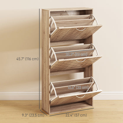 Narrow Slim Shoe Storage Cabinet with 3 Flip Drawers 12 Pair Shoes Organizer for Hallway Entryway Nature Wood