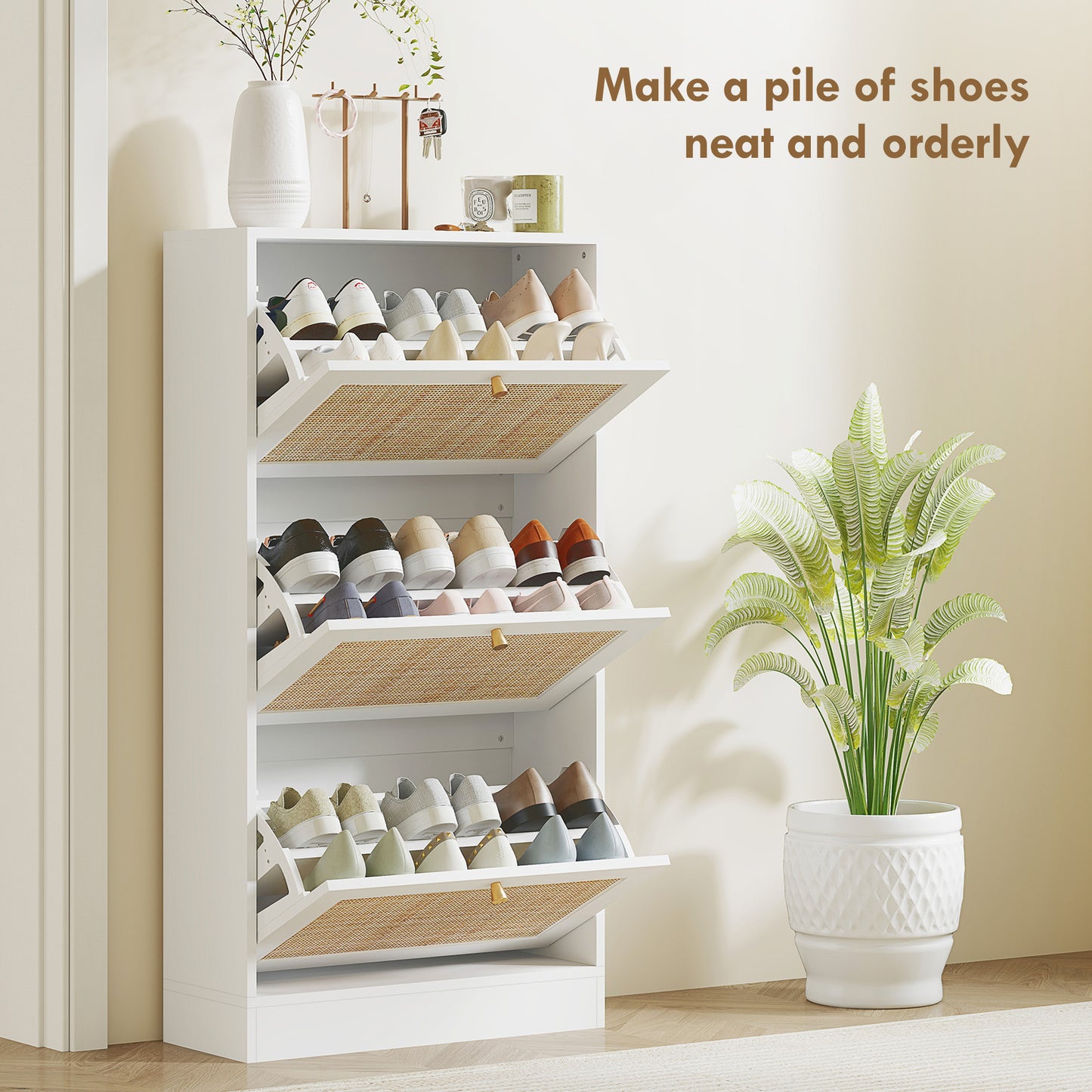 Rattan Shoe Storage Cabinet with 3 Flip Drawers and Adjustable Shelves, Entryway Shoe Cabinet for 18 Pairs, White Kids Crystal