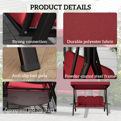 Outdoor Patio 3-Person Steel Canopy Cushioned Seat Bench Swing with Included Side Trays & Padded Comfort, Wine Red