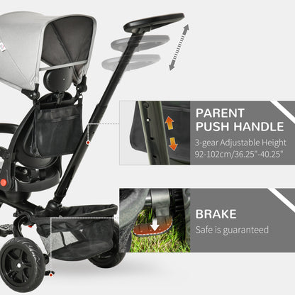 Baby Tricycle 4 In 1 Trike with Reversible Angle Adjustable Seat Removable Handle Canopy Handrail Belt Storage, Grey