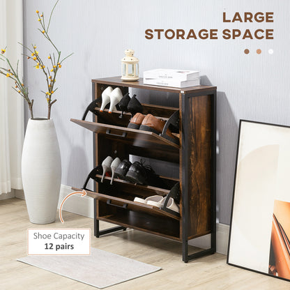 Space-Saving Slim Shoe Cabinet with 2 Flip Doors and 2-Drawer for 12 Pairs, Brown Finish