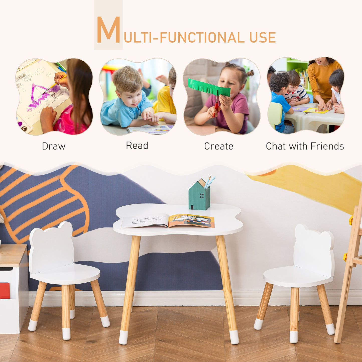 Wooden Kids Table & Chair Set: Cute Bear Design, Rounded Edges for Toddler Dining/Play in White Kids Crystal