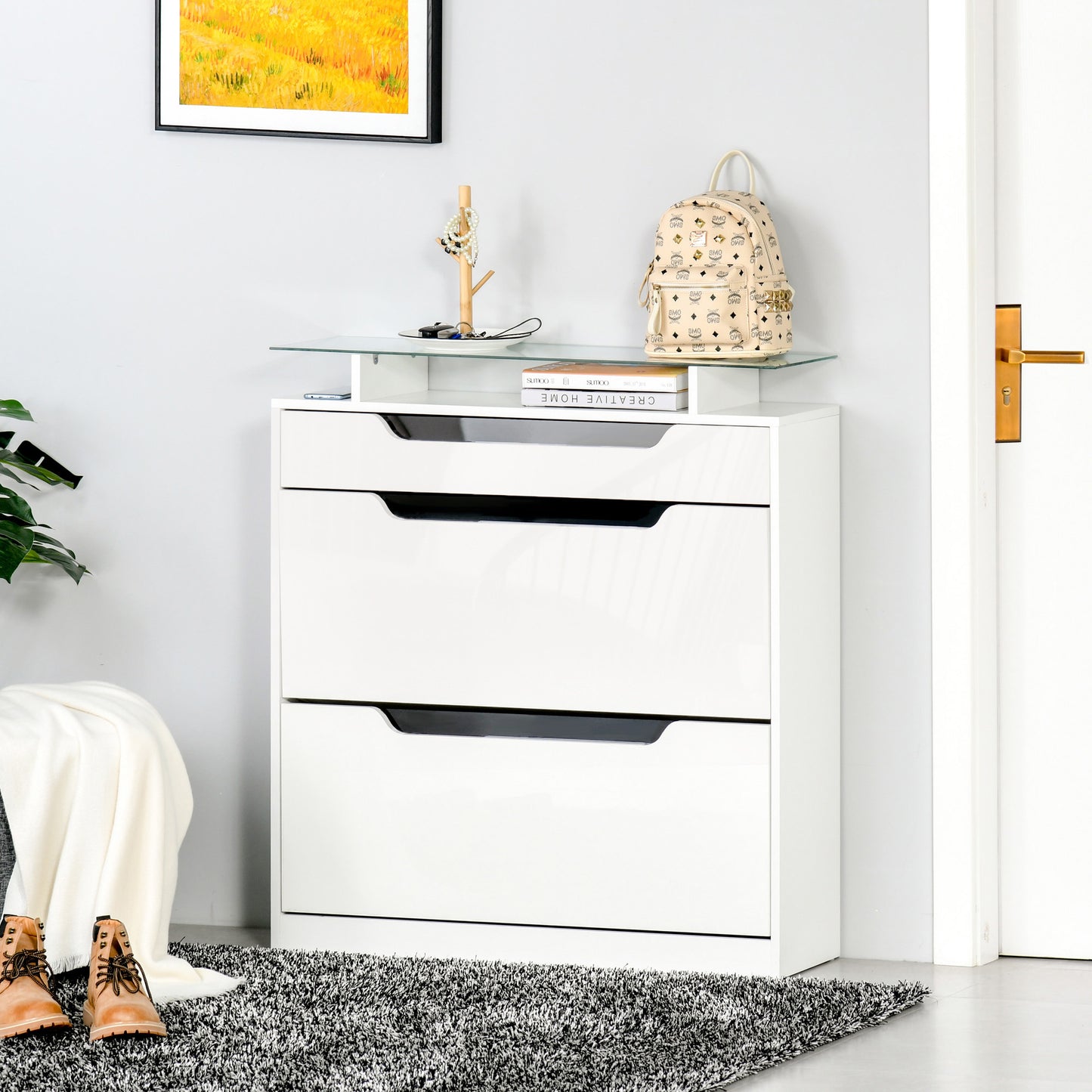 High Gloss Shoe Cabinet with 2 Flip Drawers and Adjustable Shelves, Narrow Shoe Storage Cabinet with Glass Top, White Kids Crystal