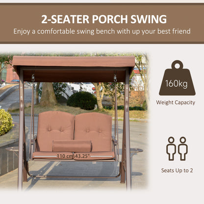Outdoor 2-Person Patio Swing Chair Canopy Adjustable Shade Cushions Pillow Tray Brown