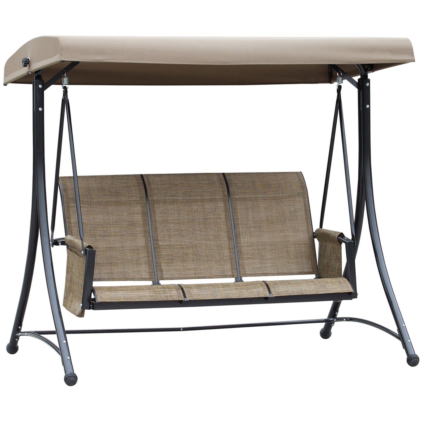 3 Person Porch Swing Outdoor Swing Chair with High Back Design, Side Pouches and Adjustable Canopy, Brown Kids Crystal