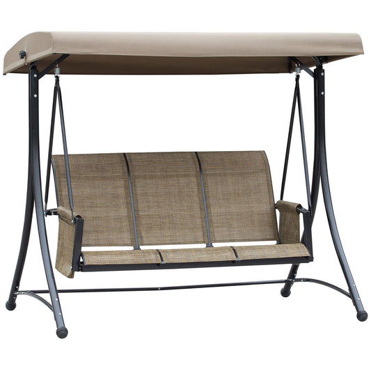 3 Person Porch Swing Outdoor Swing Chair with High Back Design, Side Pouches and Adjustable Canopy, Brown Kids Crystal