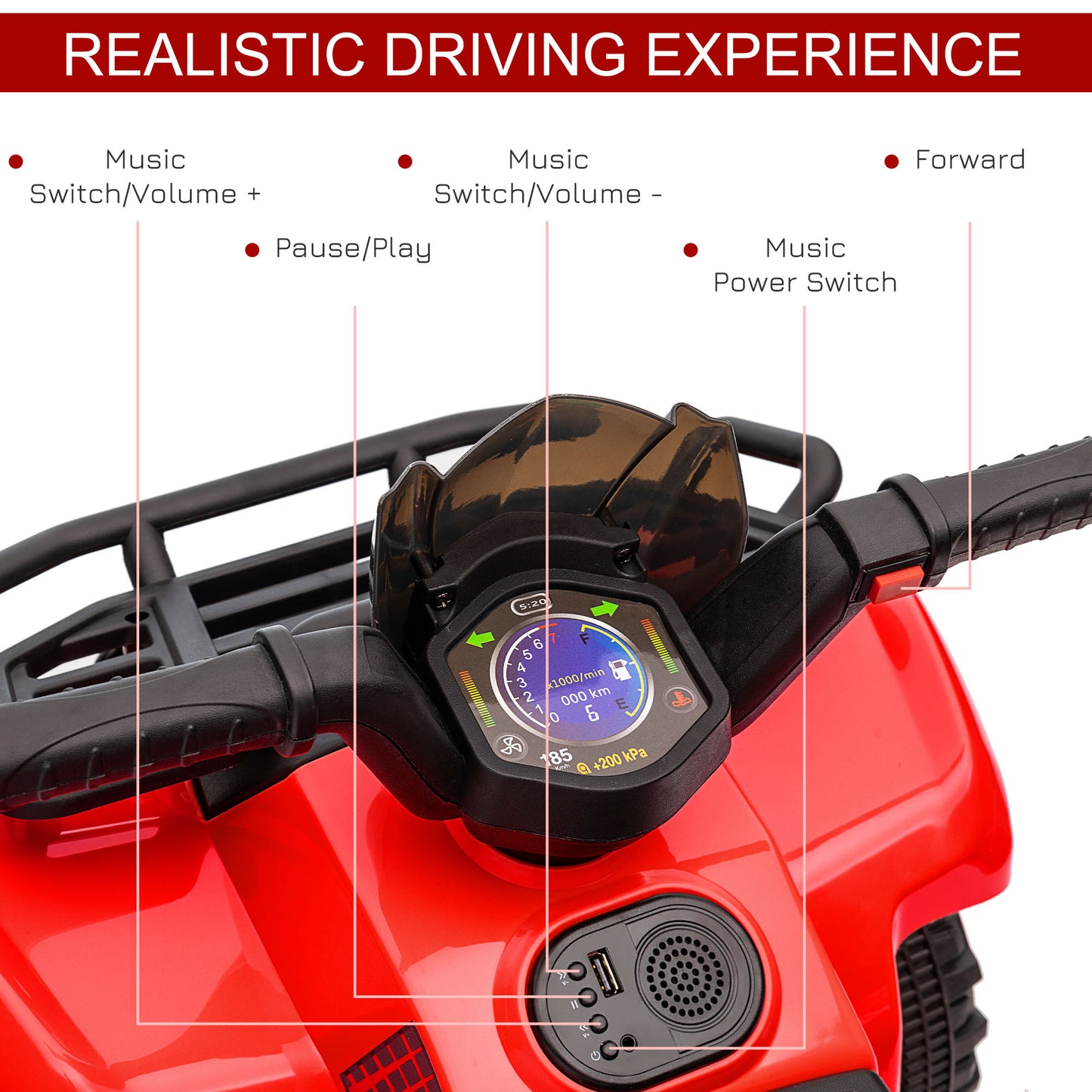 Ride-On ATV: 6V Battery Powered, Quad Bike, Headlights, For 18-36 Months, Red, Toddler Ride-On Kids Crystal