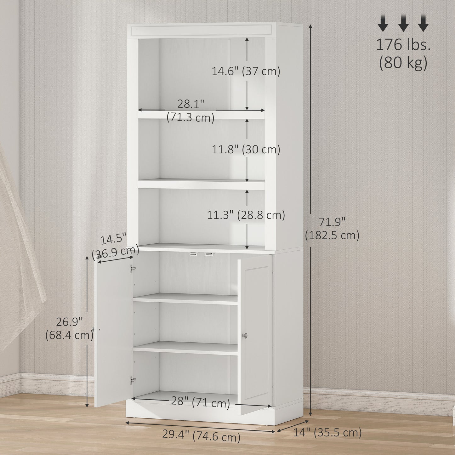 72" Kitchen Pantry Buffet Cabinet: Freestanding Buffet with Hutch, Bookcase with Doors, 6-Tier Cupboard and Adjustable Shelves Kids Crystal