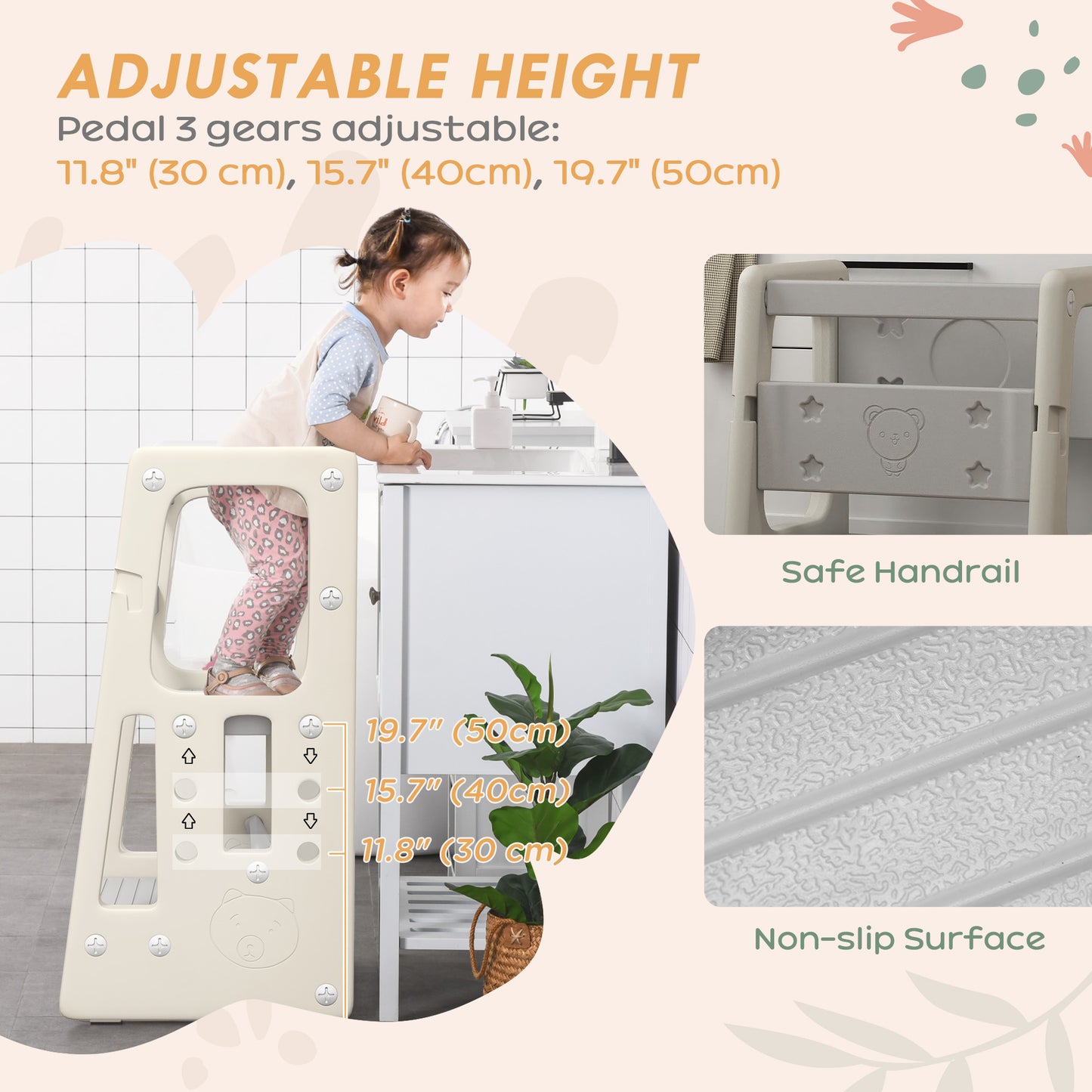 Kids Step Stool Adjustable Standing Platform Cream White Kids Crystal