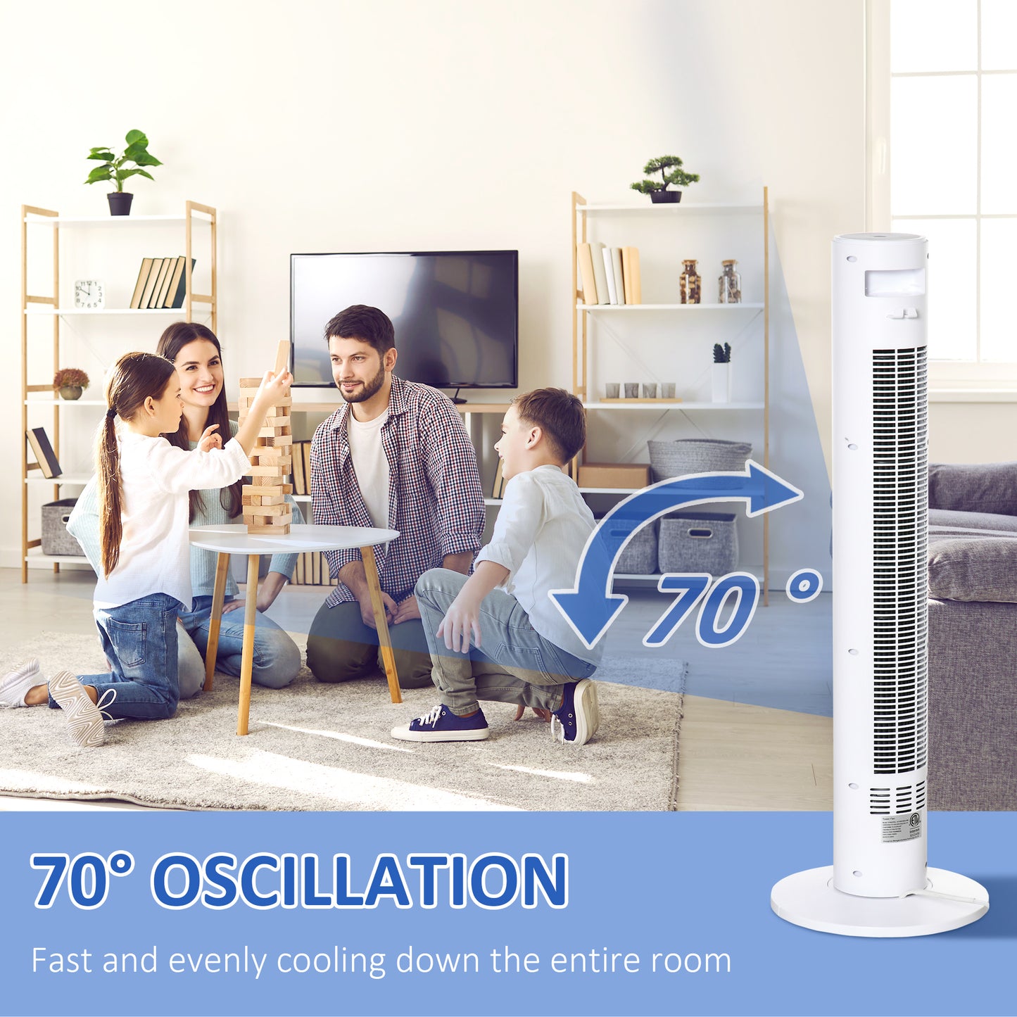 Tower Fan Oscillating 3 Speed 12h Timer LED Remote Control Cooling for Bedroom Home White Kids Crystal