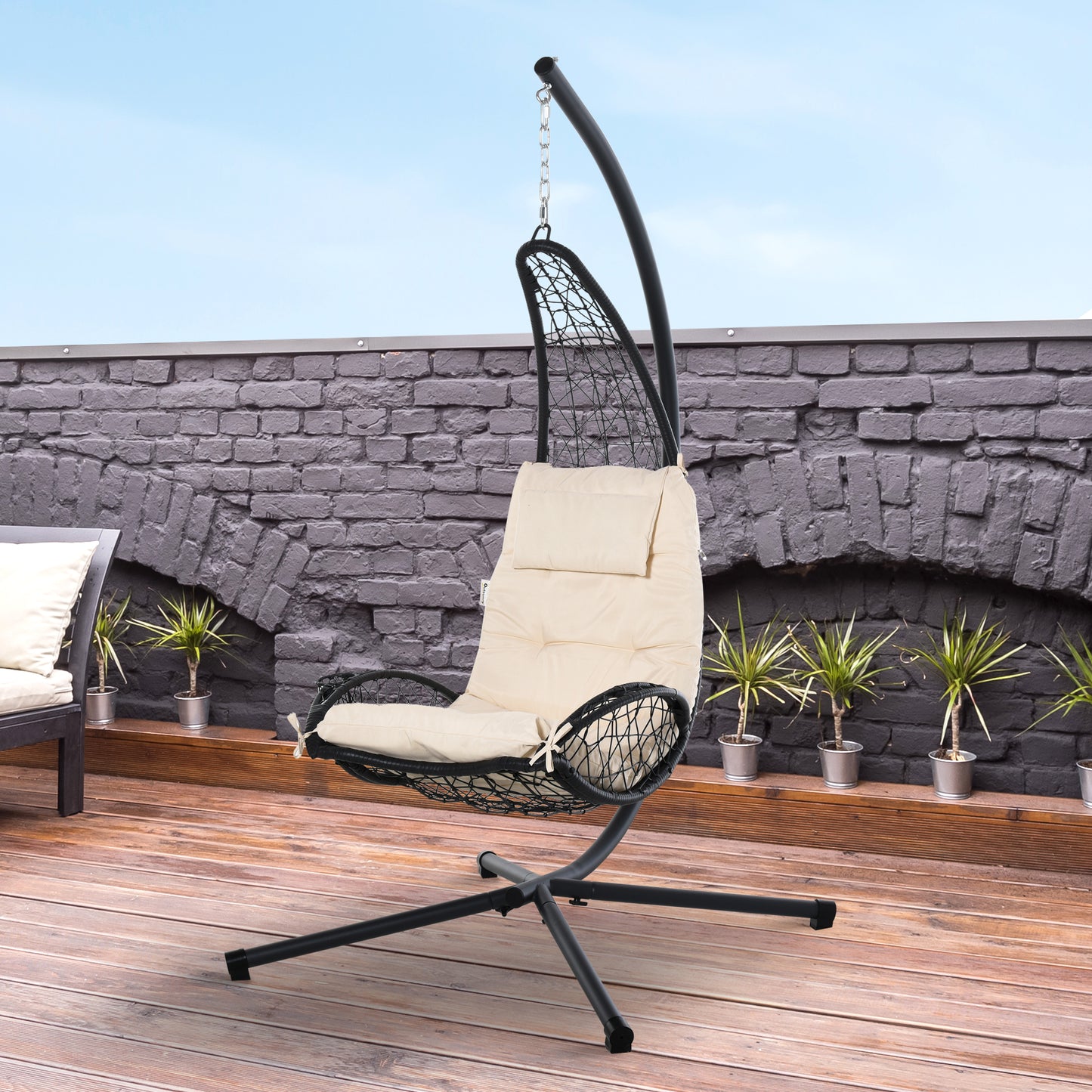 Outdoor Patio Rattan Wicker Swing Chaise Chair Hammock Lounger Hanging Curved Chaise Furniture w/ Stand & Cushion Beige Kids Crystal