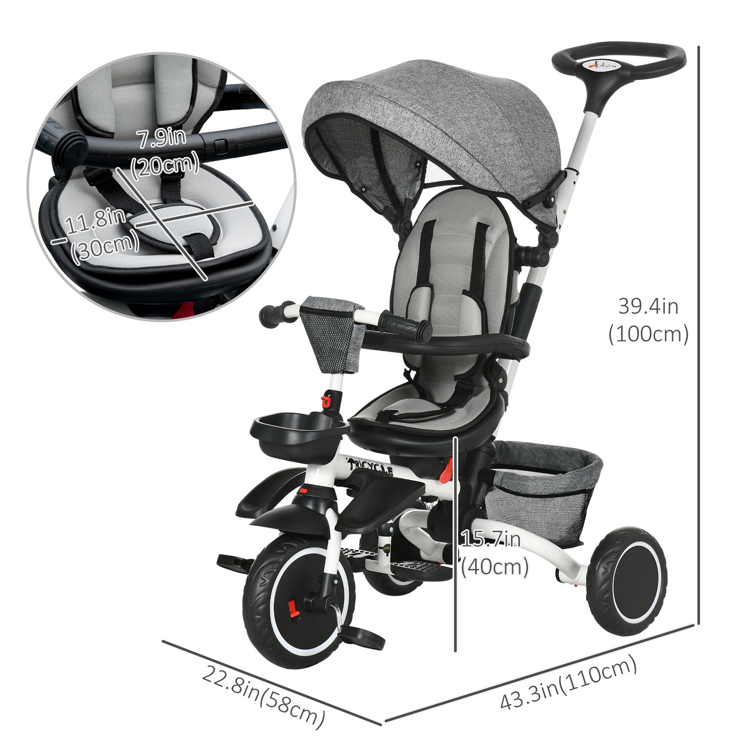 7-in-1 Toddler Tricycle, Kids Trike with Rotatable Seat, Adjustable Push Handle, Safety Harness, Detachable Canopy, Footrest Kids Crystal
