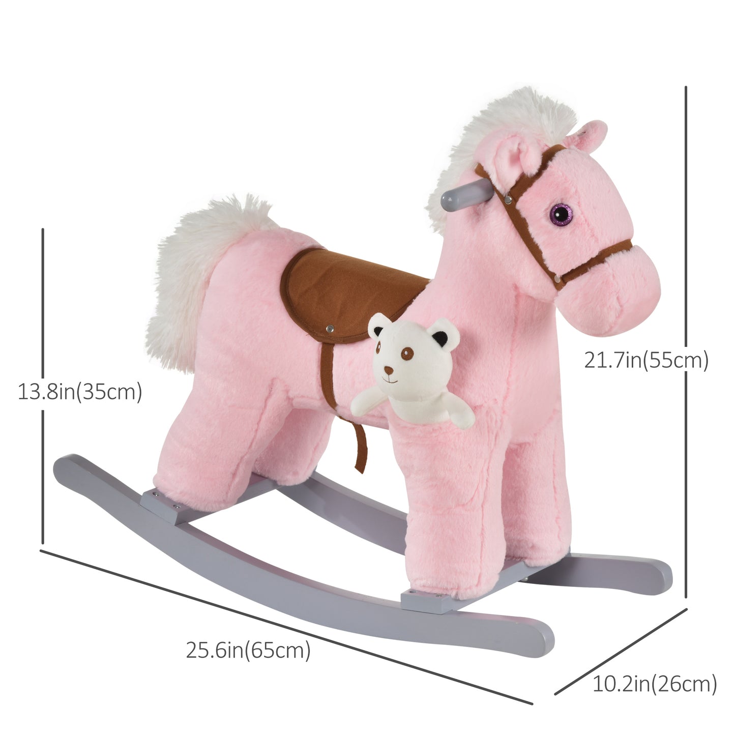 Kids Plush Ride-On Rocking Horse with Bear Toy, Children Chair with Soft Plush Toy & Fun Realistic Sounds, Pink Kids Crystal