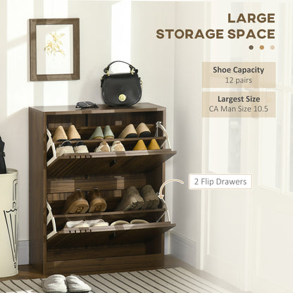 Shoe Organizer Cabinet for 12 Pairs with 2 Flip Drawers Adjustable Shelves Walnut