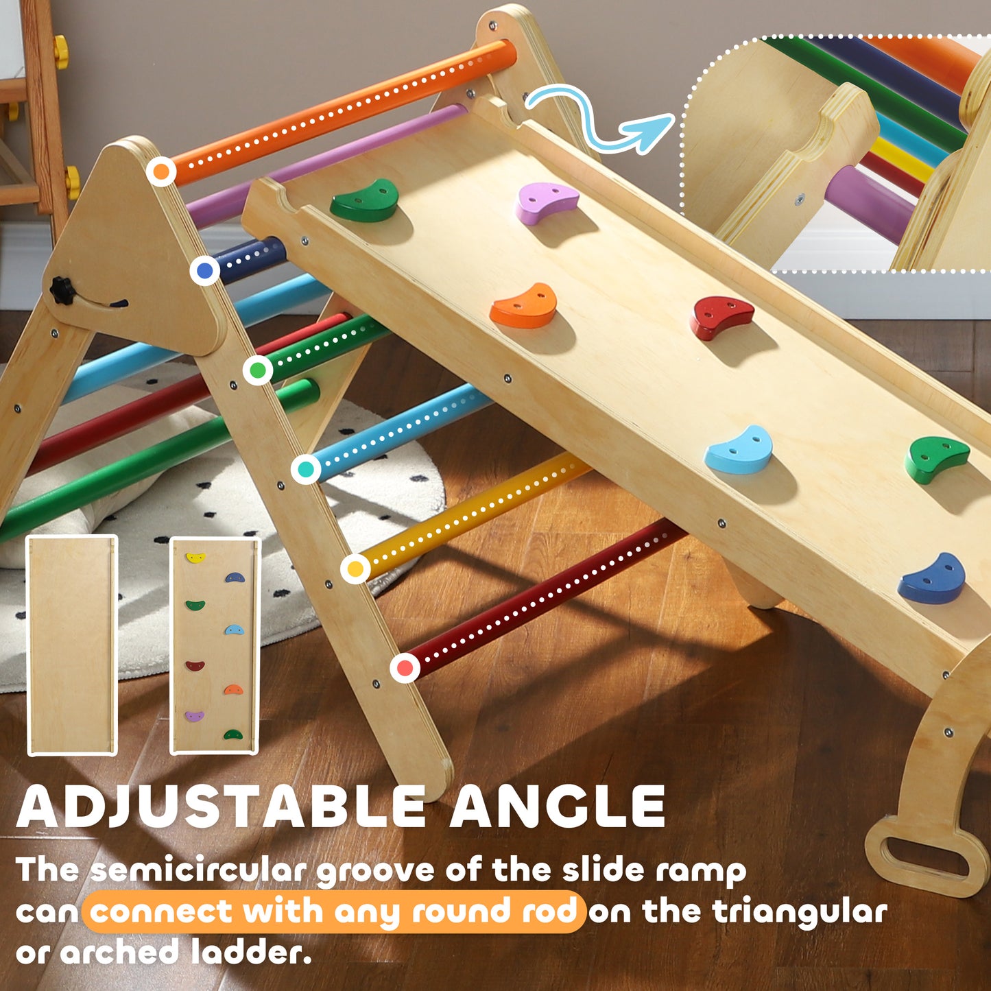 5 in 1 Pikler Triangle Set with Ladder, Ramp, Arch, for 18-48 months, Multicolour Kids Crystal