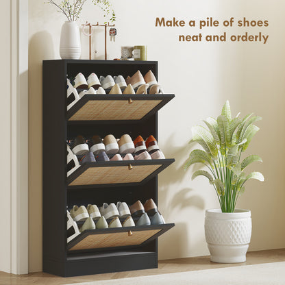 Rattan Shoe Cabinet: 3 Flip Drawers, Adjustable Shelves for 18 Pairs, Entryway/Hallway Organizer