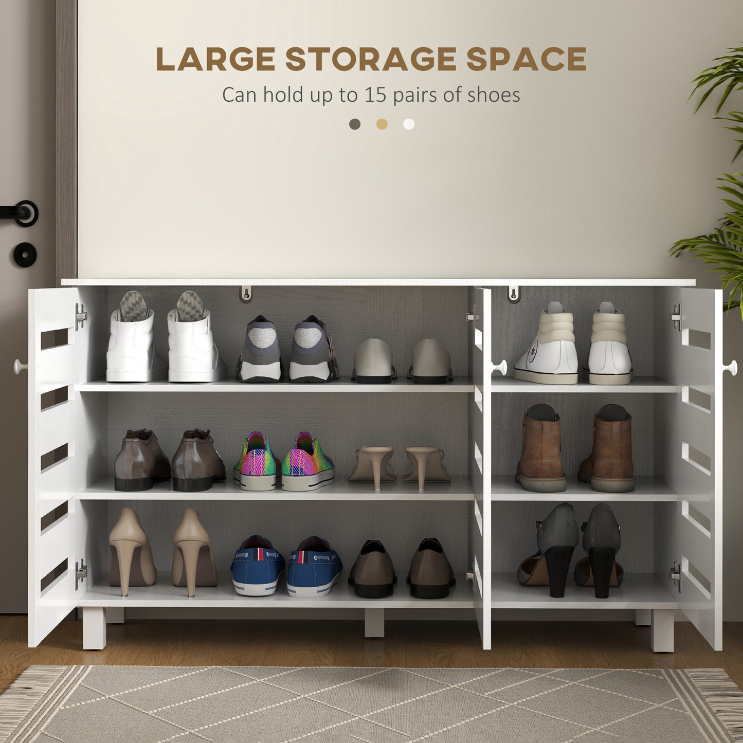 Shoe Cabinet with 3 Slatted Doors, 3-tier Shelving Rack Cabinet with Adjustable Shelves for 15 Pairs of Shoes, White Kids Crystal