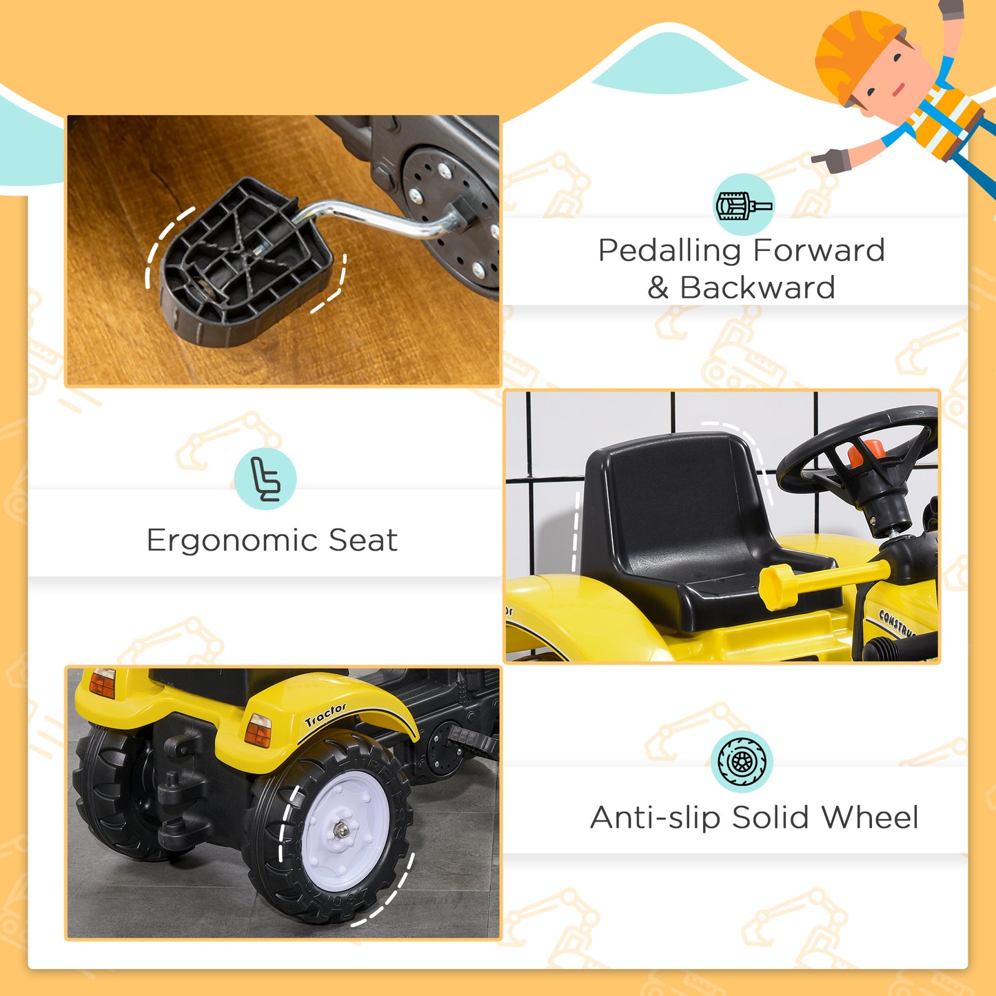 Ride on Tractor for Kids, Pedal Construction Car with Front Loader Digger for 3 Year Old, Yellow Kids Crystal