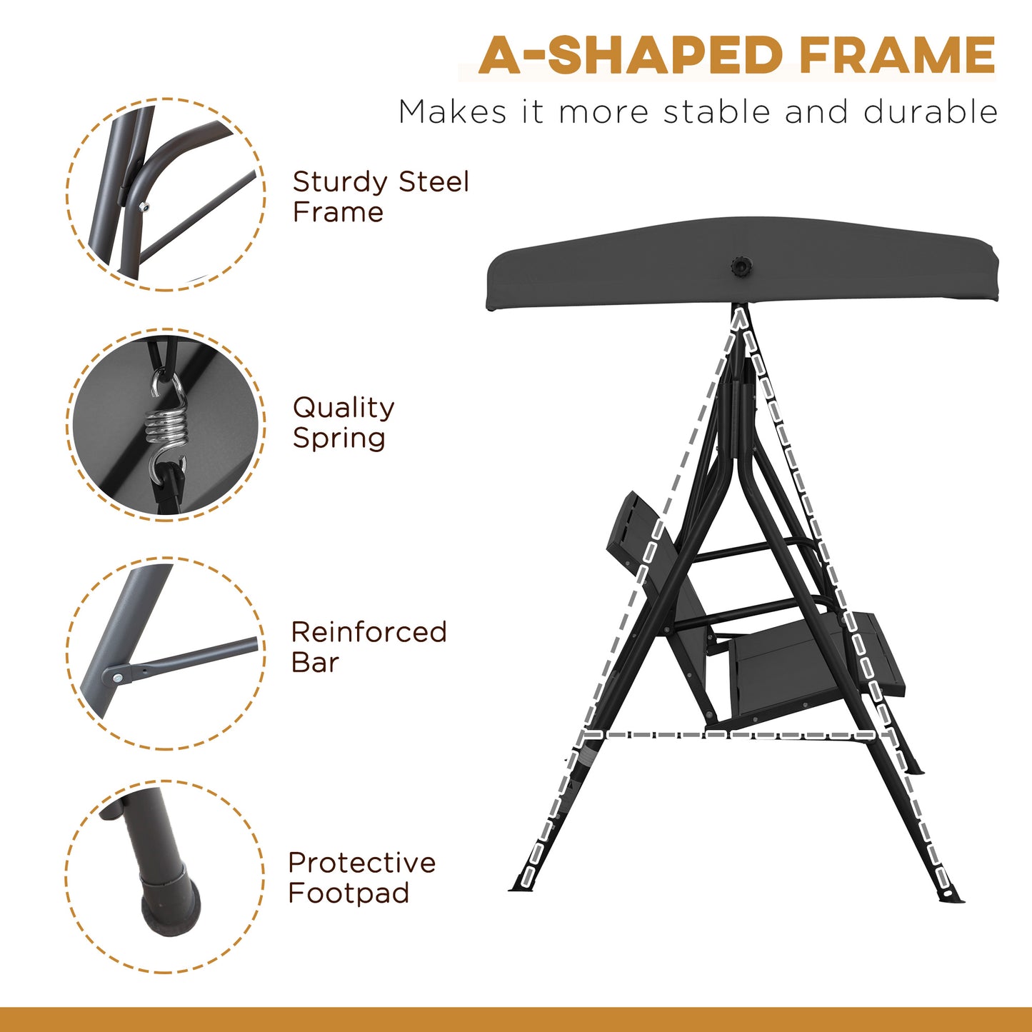 3-Seater Swing Chair Covered Garden Hammock A-Frame Outdoor Porch Glider Sling Seat with Adjustable Canopy Cover, Black Kids Crystal