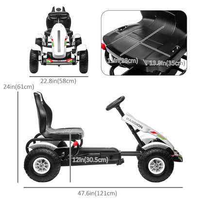 Kids Pedal Go Kart, White Pedal Car with Adjustable Seat, Handbrake, Rubber Wheels for Ages 5-12 - Active Play