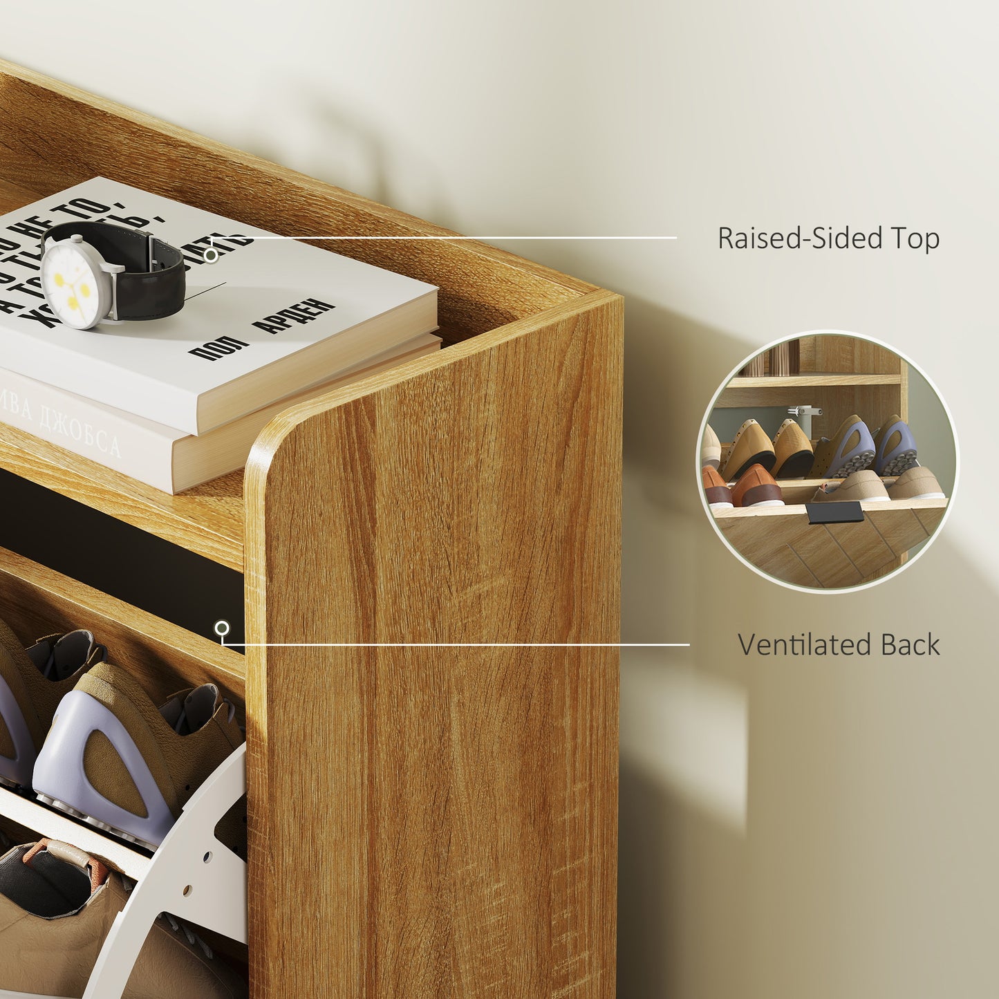Narrow Shoe Storage Cabinet, Modern Slim Shoe Cabinet with 4 Flip Drawers, 16 Pairs of Shoes for Hallway, Entryway, Oak Kids Crystal