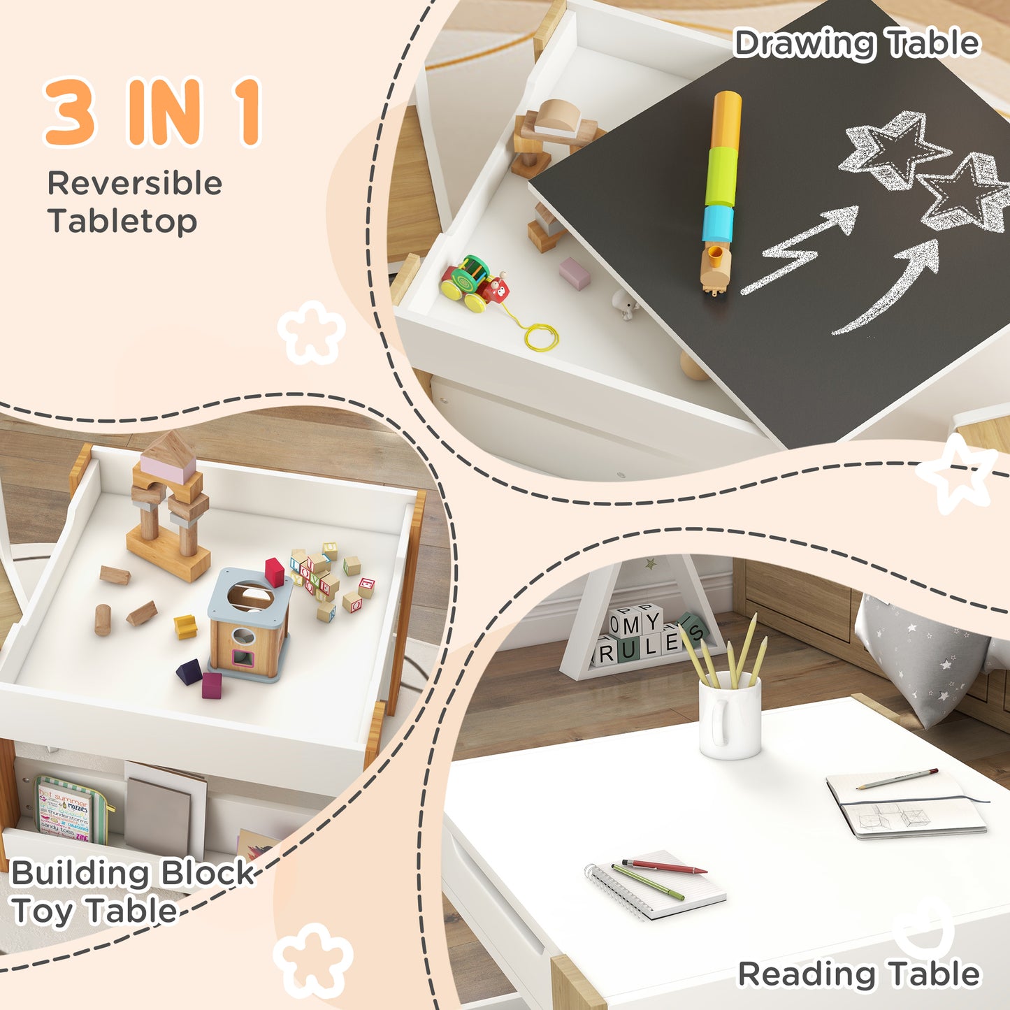 3-Piece Kids Table & Chair Set with Reversible Tabletop & Storage in Natural - Perfect for Nurseries