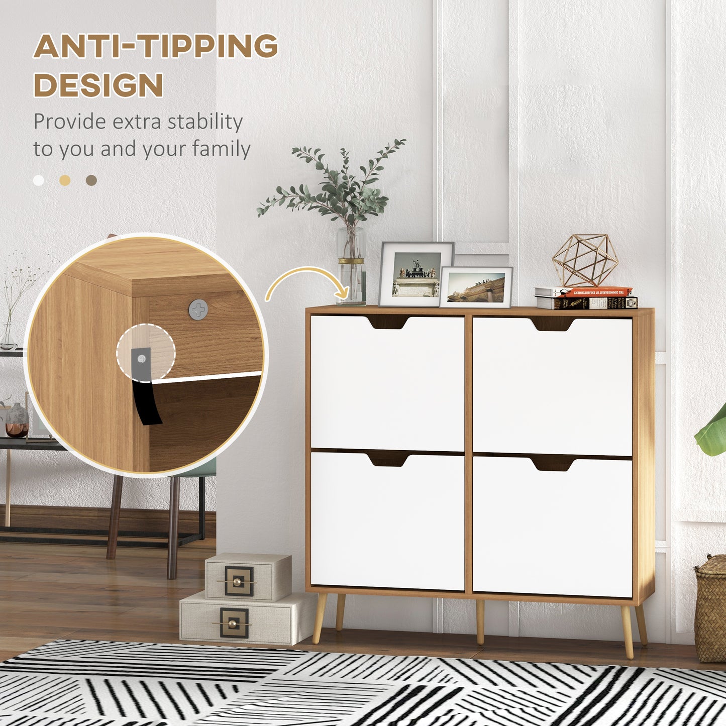 Shoe Sanctuary: Modern 4 Flip Drawer Cabinet with Adjustable Shelf, Organizer for 16 Pairs of Shoes, Entryway Storage Kids Crystal