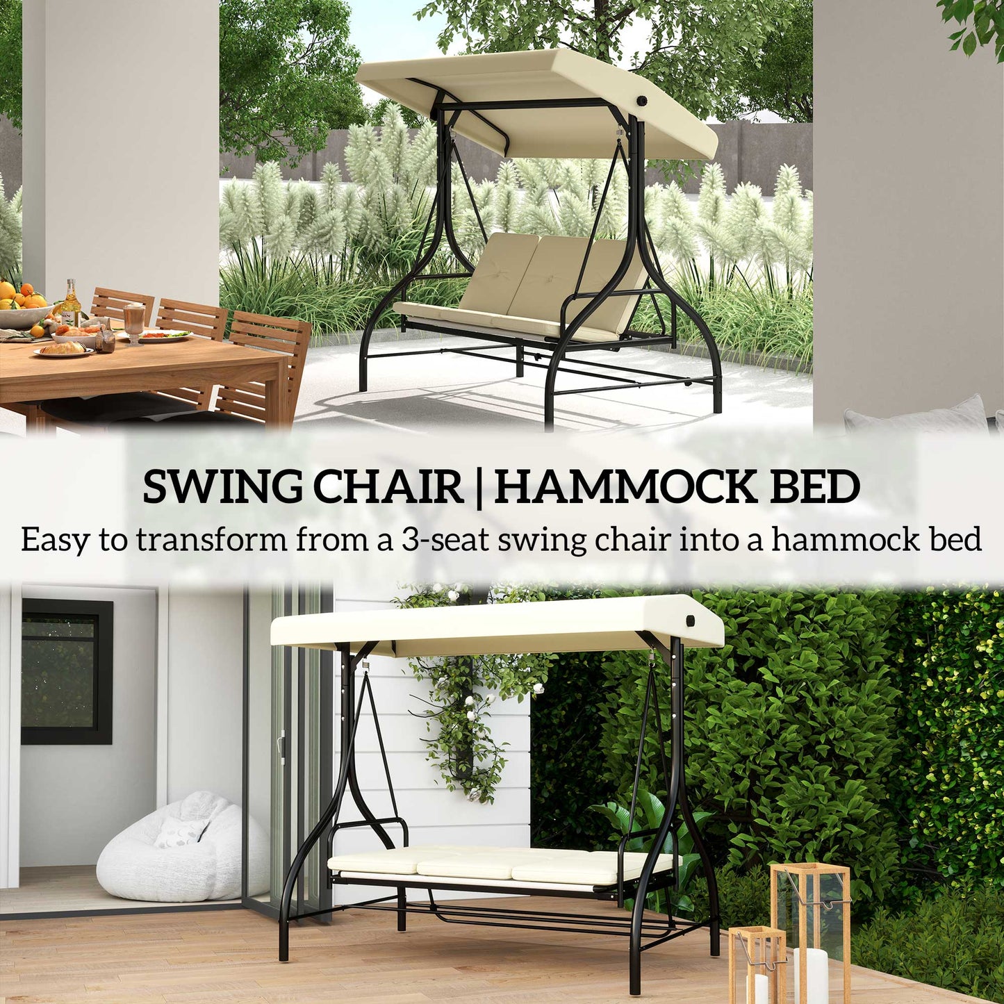 Convertible Patio Swing Bed with Canopy and Cushions, 3 Seater Porch Swing for Outdoor, Backyard, Garden, Beige Kids Crystal