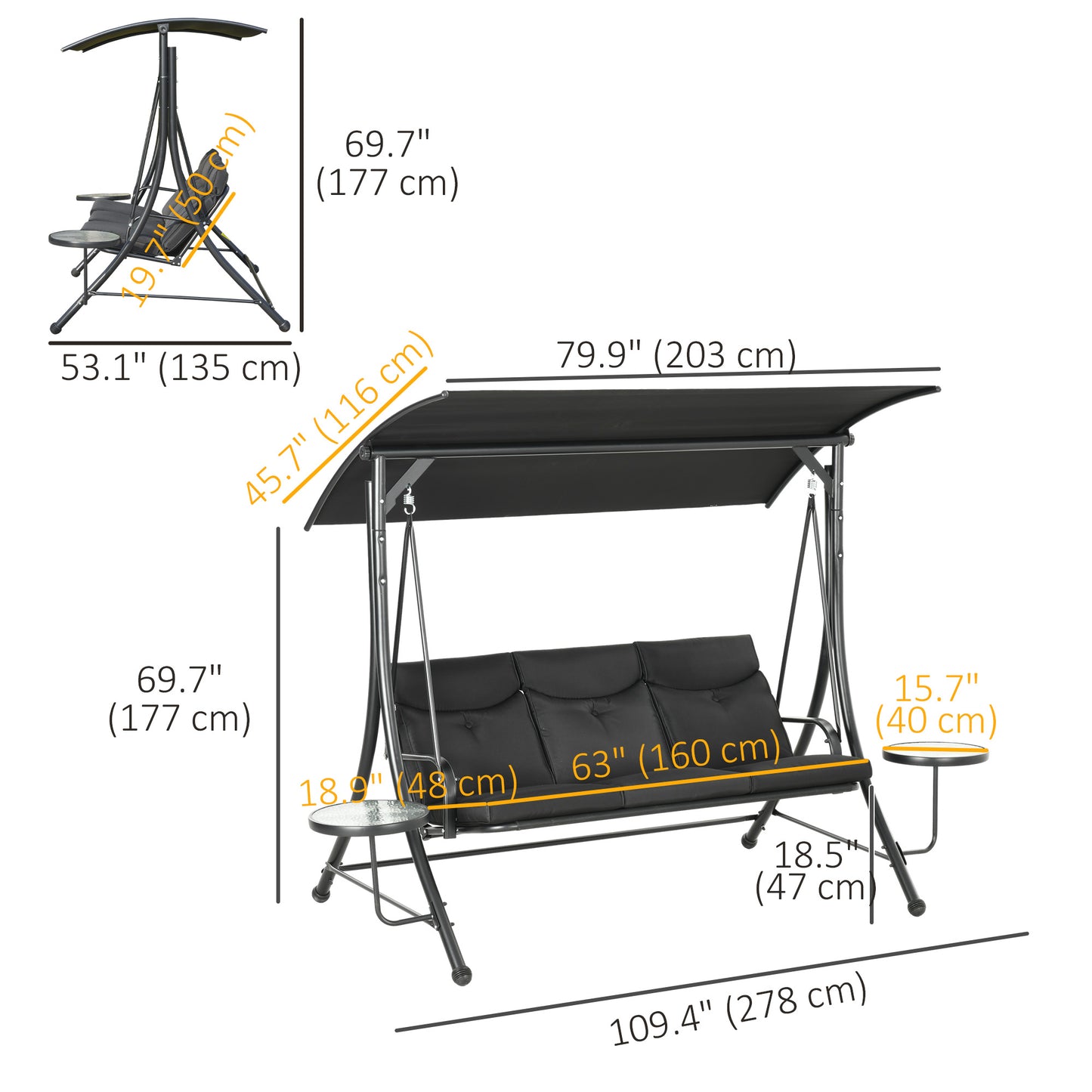 3 Seat Outdoor Swing Bench with Adjustable Canopy Coffee Table Cushions for Patio Garden Black Kids Crystal
