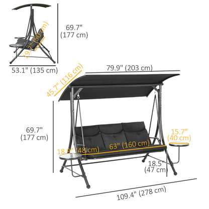 3 Seat Outdoor Swing Bench with Adjustable Canopy Coffee Table Cushions for Patio Garden Black