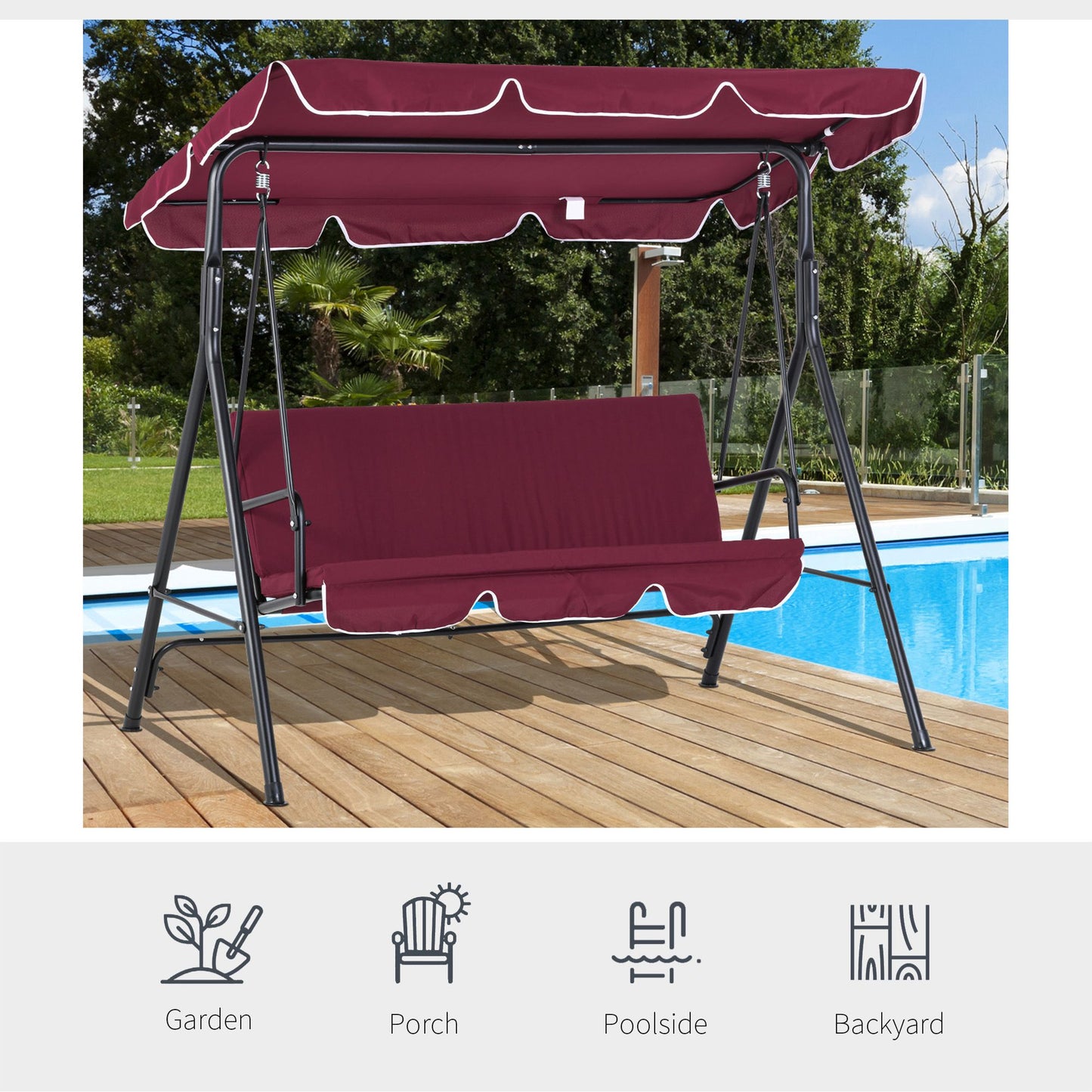 Meatal 3-Seater Outdoor Porch Swing with Stand Cushioned Garden Lounger Patio Hammock with Frame and Canopy, Wine Red Kids Crystal