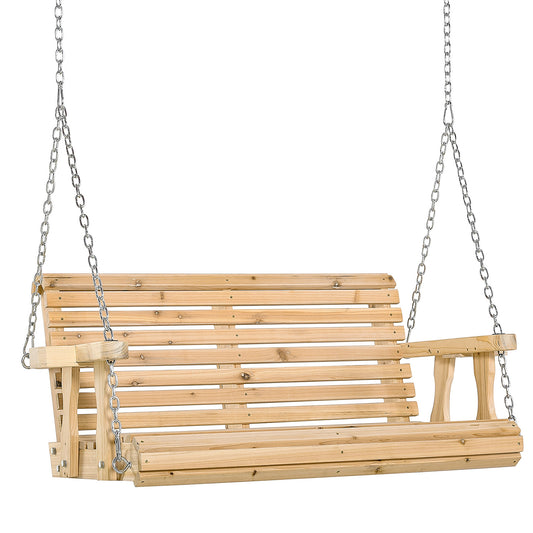 2 Seater Wooden Porch Swing Patio Swing Seat with Cup Holder and Chains Outdoor Swing Bench for Garden Yard, Natural Kids Crystal