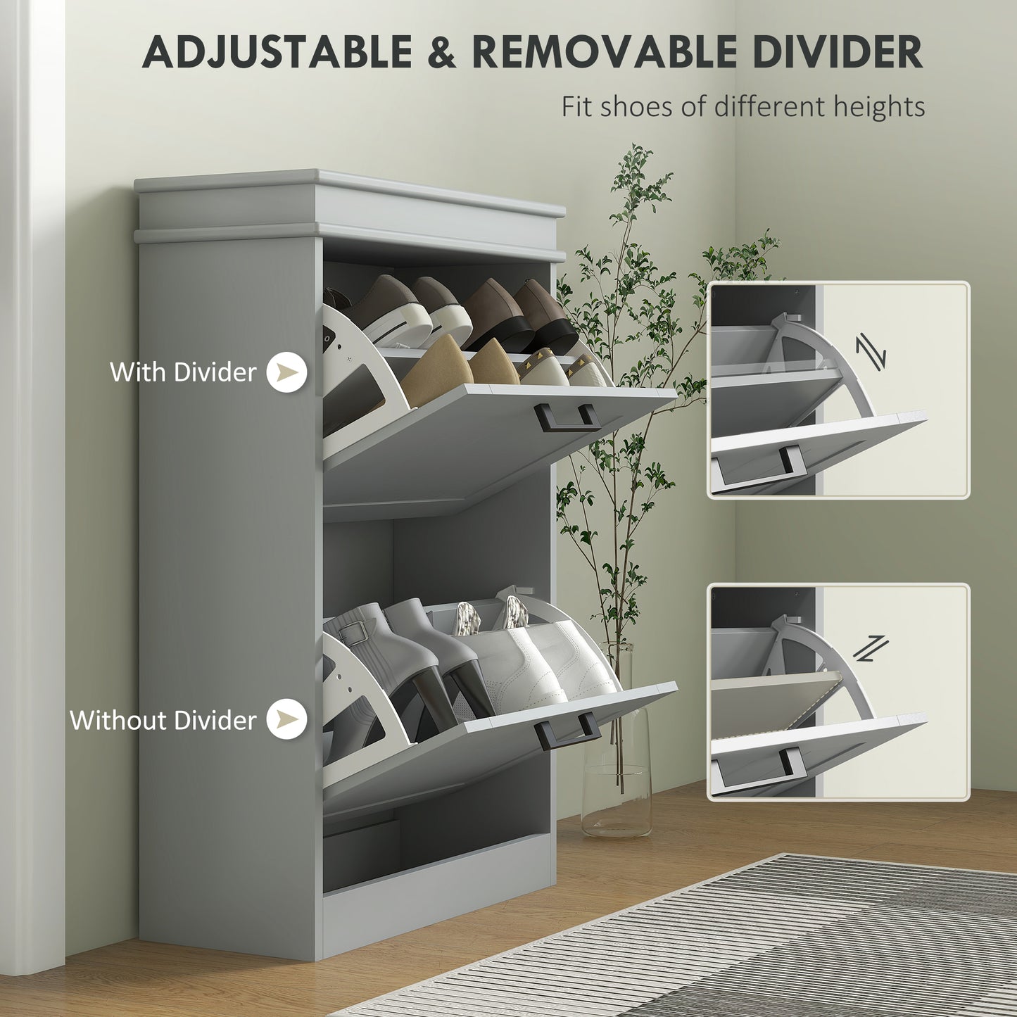 Shoe Storage Cabinet with 2 Flip Drawers and Adjustable Shelves, Narrow Shoe Cabinet for 10 Pairs of Shoes, Grey Kids Crystal