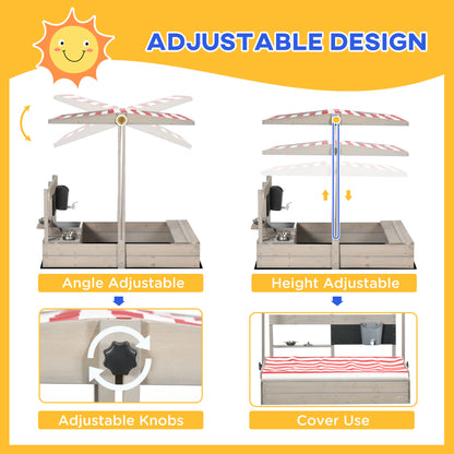 Kids Sandbox with Canopy Wooden Sandpit Adjustable Cover Kitchen Toys Seats Storage for Ages 3-7 45x43 inch