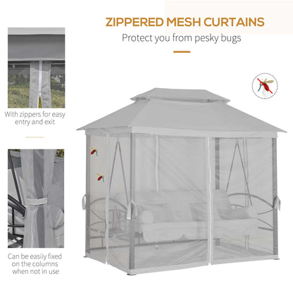 3 Person Outdoor Patio Daybed, 3 in 1 Canopy Gazebo Swing Chair Garden Hammock with Mesh Mosquito and Sun Shade, Grey