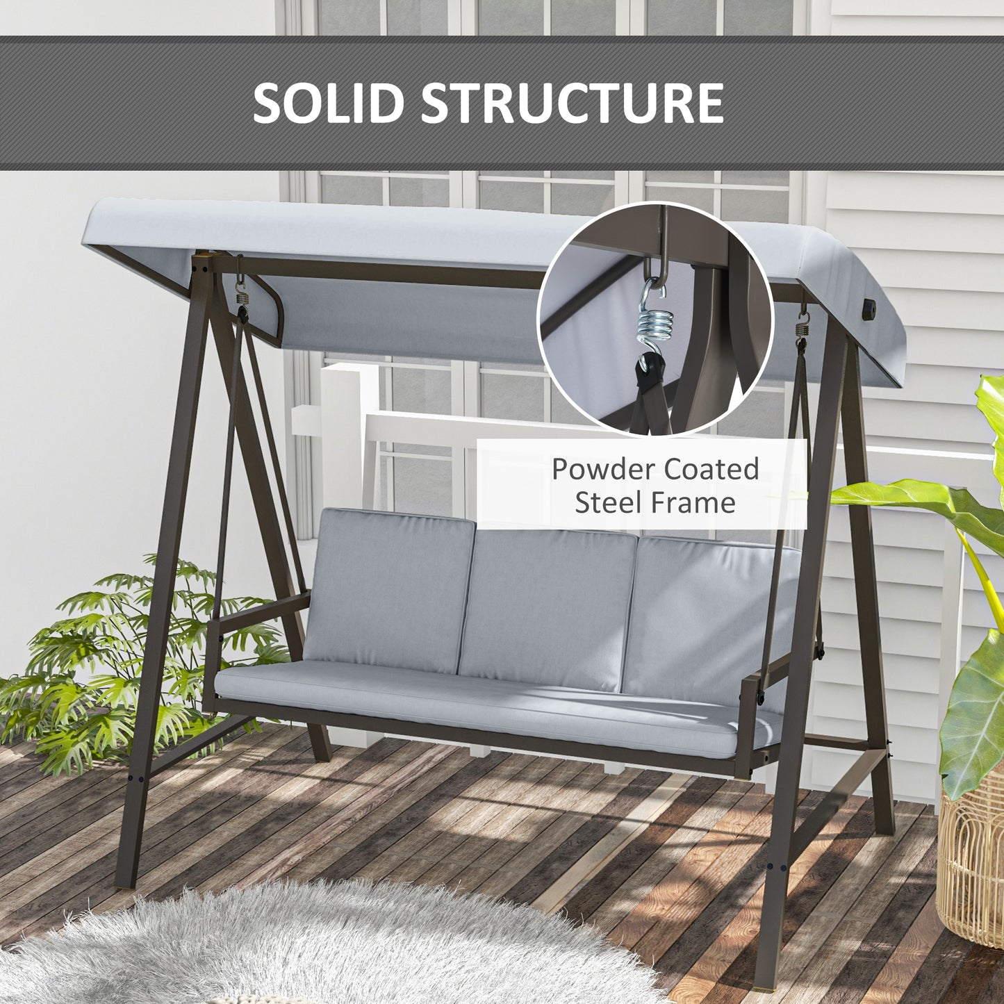 3 Seater Patio Swing Chair, Porch Swing with Adjustable Canopy and Removable Cushions, Outdoor Swing Seat, Light Grey Kids Crystal