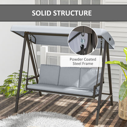 3 Seater Patio Swing Chair, Porch Swing with Adjustable Canopy and Removable Cushions, Outdoor Swing Seat, Light Grey