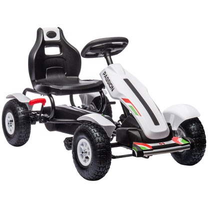 Kids Pedal Go Kart, White Pedal Car with Adjustable Seat, Handbrake, Rubber Wheels for Ages 5-12 - Active Play