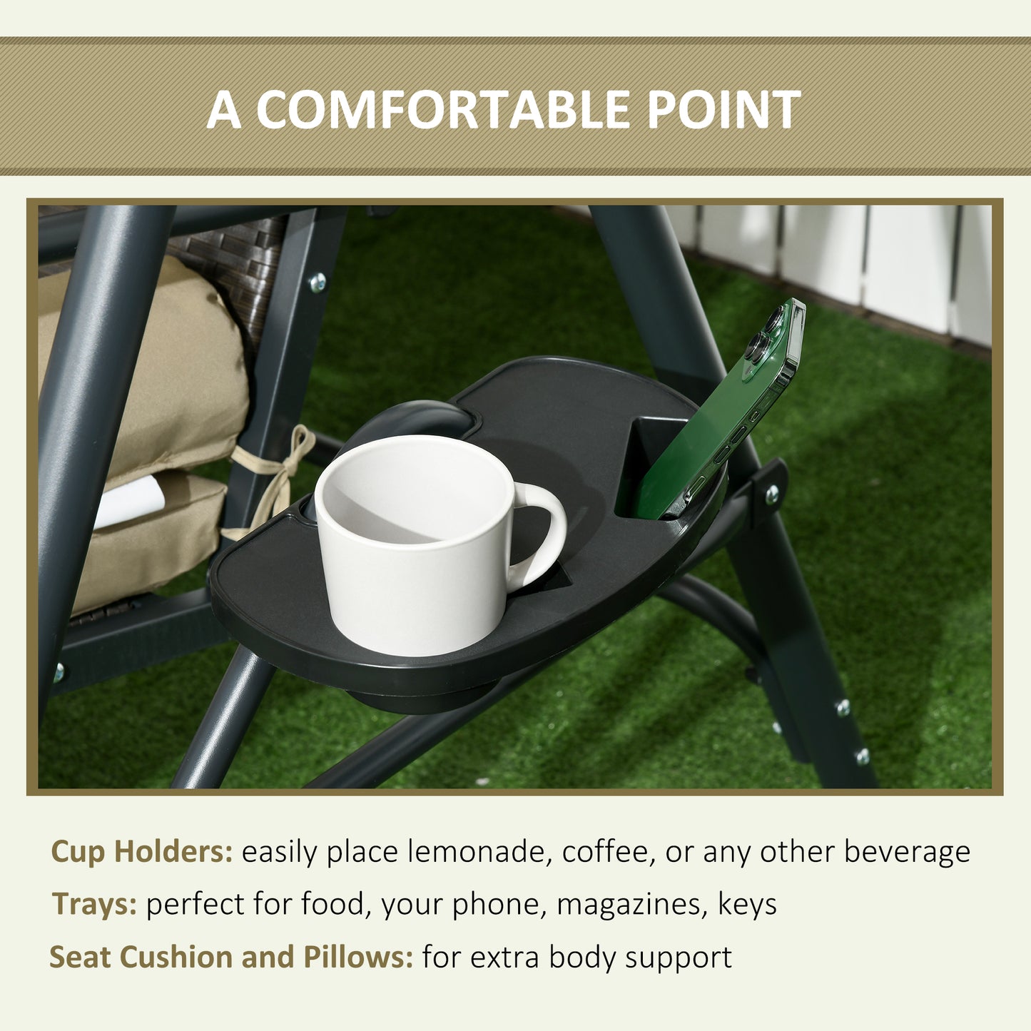 Outdoor 3-Seat Porch Swing with Canopy: Rattan Seat, Removable Cushion, Pillows, Steel Frame for Patio Comfort Kids Crystal