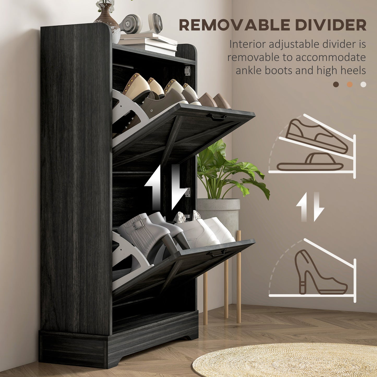 Slim Shoe Storage Cabinet, Farmhouse Shoe Cabinet with 2 Flip Drawers, Adjustable Shelves for 8 Pairs, Distressed Grey Kids Crystal