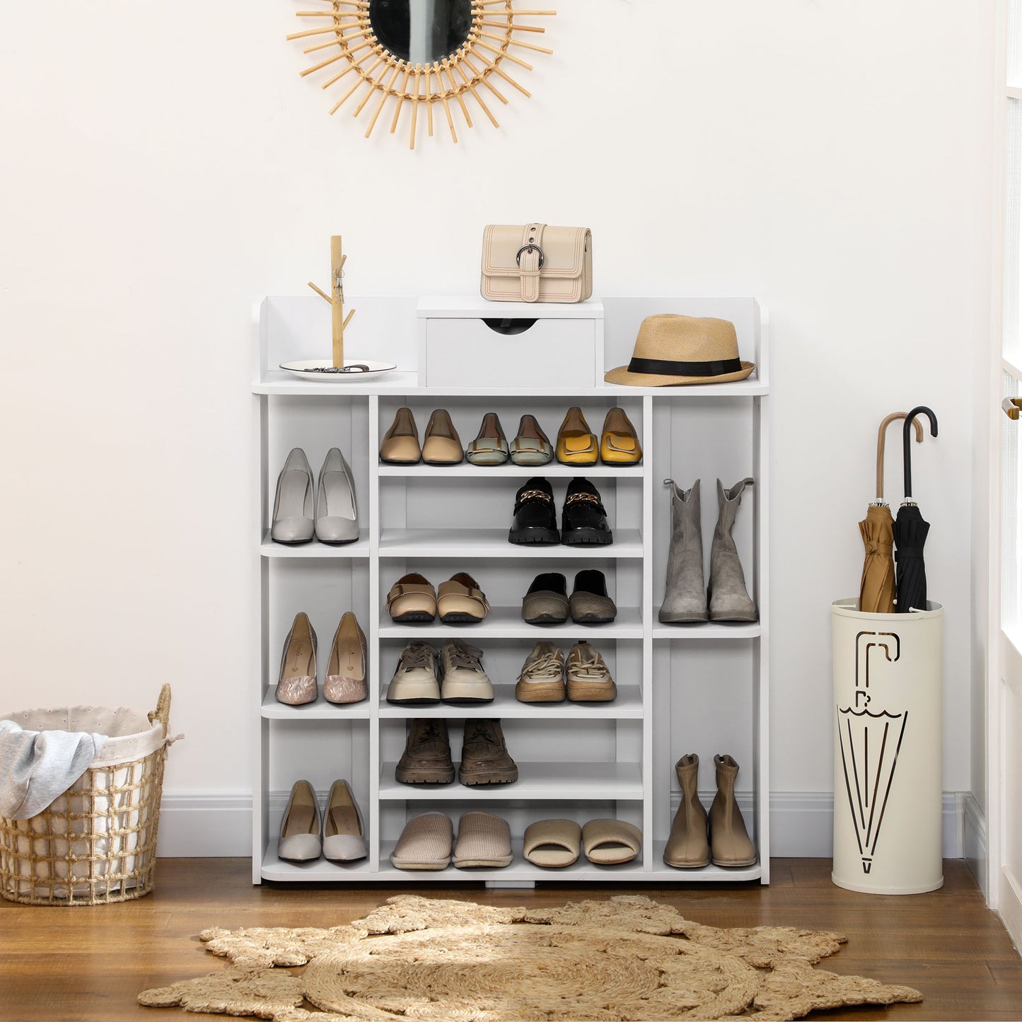 Space-Saving Shoe Rack: 7-Tier Organizer with Drawer & 11 Open Shelves for 17 Pairs, White Kids Crystal