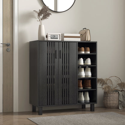 Shoe Storage with Double Doors Open Shelves 17 Pair Shoe Storage Organizer for Entryway Hallway Black